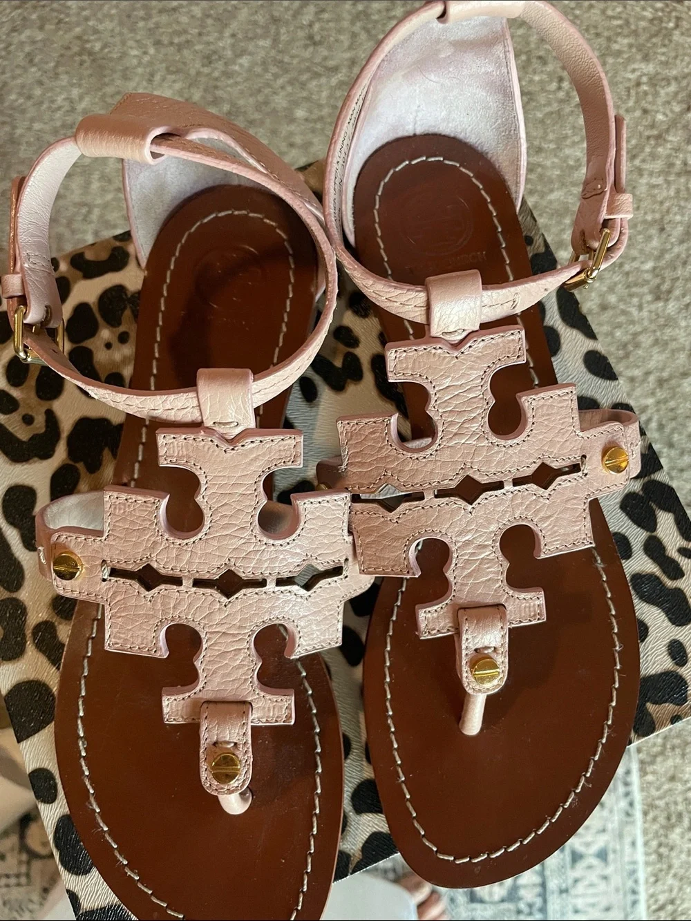 Tory Burch Blush Pink Leather Logo Thong Sandals